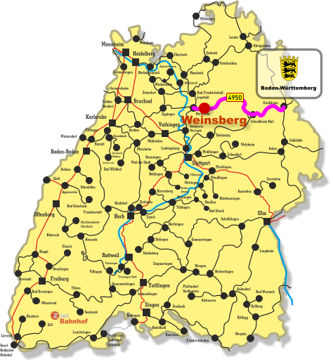 Freiburg Singen Vaihingen Tuttlingen Horb Ulm Bruchsal Heidelberg Rottweil Stuttgart Karlsruhe Offenburg Baden-Baden Mannheim Kehl Appenweiler Miltenberg Lauda Königshofen Osterburken Seckach Eberbach Moosbach Bad Friedrichshall- Jagstfeld Crailsheim Heilbronn Eppingen Meckesheim Hüffenhardt Aglasterhausen Neckargemünd Weinheim Germersheim Graben Neudorf Bretten Schwetzingen Schwäbisch Hall Backnang Waiblingen Rastatt Busenbach Bad Herrenalb Ittersbach Rathaus Mühlacker Pforzheim Bad Wildbad Ettlingen Steinsfurt Immendingen Wintersdorf Bietigheim- Bissingen Ludwigsburg Weil der Stadt Renningen Böblingen Filderstadt Detten- hausen Achern Bad Griesbach Ottenhöfen Freudenstadt Eutingen Herrenberg Hochdorf Tübingen Eyach Hechingen Balingen Schömberg Siegmaringen Villingen Trossingen Trossingen Stadt Hausach Biberach Oberharmsbach- Riersbach Denzlingen Elzach Breisach Bad Krozingen Münstertal Riegel Donaueschingen Titisee Seebruck Lörrach Kandern Basel Badischer Bahnhof Zell Neuhausen Badischer Bahnhof Bietingen Lauchringen Konstanz Radolfzell Stockach Welzheim Schondorf Amstetten Gerstetten Aalen Plochingen Wendlingen Oberlenningen Bad Urach Neuffen Metzingen Nürtingen Gammertingen Herbertingen Mengen Schelklingen Pfullendorf Stadtgarten Alshausen Aulendorf Bad Wurzach Roßberg Kißlegg Hergatz Friedrichshafen Laupheim Goldshöfe 4950 Weinsberg Baden-Württemberg