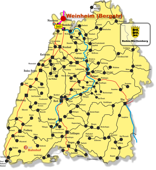 Freiburg Singen Vaihingen Tuttlingen Horb Ulm Bruchsal Heidelberg Rottweil Stuttgart Karlsruhe Offenburg Baden-Baden Mannheim Kehl Appenweiler Miltenberg Lauda Königshofen Osterburken Seckach Eberbach Moosbach Bad Friedrichshall- Jagstfeld Crailsheim Heilbronn Eppingen Meckesheim Hüffenhardt Aglasterhausen Neckargemünd Weinheim Germersheim Graben Neudorf Bretten Schwetzingen Schwäbisch Hall Backnang Waiblingen Rastatt Busenbach Bad Herrenalb Ittersbach Rathaus Mühlacker Pforzheim Bad Wildbad Ettlingen Steinsfurt Immendingen Wintersdorf Bietigheim- Bissingen Ludwigsburg Weil der Stadt Renningen Böblingen Filderstadt Detten- hausen Achern Bad Griesbach Ottenhöfen Freudenstadt Eutingen Herrenberg Hochdorf Tübingen Eyach Hechingen Balingen Schömberg Siegmaringen Villingen Trossingen Trossingen Stadt Hausach Biberach Oberharmsbach- Riersbach Denzlingen Elzach Breisach Bad Krozingen Münstertal Riegel Donaueschingen Titisee Seebruck Lörrach Kandern Basel Badischer Bahnhof Zell Neuhausen Badischer Bahnhof Bietingen Lauchringen Konstanz Radolfzell Stockach Welzheim Schondorf Amstetten Gerstetten Aalen Plochingen Wendlingen Oberlenningen Bad Urach Neuffen Metzingen Nürtingen Gammertingen Herbertingen Mengen Schelklingen Pfullendorf Stadtgarten Alshausen Aulendorf Bad Wurzach Roßberg Kißlegg Hergatz Friedrichshafen Laupheim Goldshöfe 3601 Weinheim (Bergstr) Baden-Württemberg