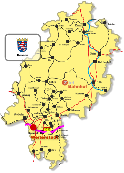 Baunatal- Guntershausen Bebra Kassel Wiesbaden Darmstadt Bad Hersfeld Fulda Hanau Limburg Frankfurt Wetzlar Gießen Haiger Cölbe Frankenberg Battenberg Eichenberg Volkmarsen Naumburg Bad Wildungen Wabern Gersfeld Schlüchtern Friedberg Niedernhausen Friedrichsdorf Brandoberndorf Nidda Beienheim Wölfersheim- Södel Korbach Gelnhausen Glauburg- Stockheim Nidderau Bad Vilbel Babenhausen Dieburg Dietzenbach Rödermark-Ober Roden Dreieich- Buchschlag Groß-Umstadt Wiebelsbach Fürth Bensheim Bürstadt Ffm-Höchst 3530 Weiterstadt Hessen