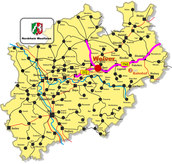 Unna-Königsborn Letmathe Iserlohn Castrop- Rauxel Unna Himmighausen Rheydt Remscheid Bergisch Gladbach Bocholt Borken Dorsten Wesel Xanten Mönchengladbach Kleve Viersen Emmerich Münster Warburg Altenbeken Paderborn Lippstadt Soest Siegburg Aachen Haan Ratingen Bonn Minden Herford Bielefeld Gütersloh Hamm Dortmund Duisburg Essen Mülheim Oberhausen Bochum Hagen Wuppertal Solingen Düsseldorf Köln Gronau Lünen Bottrop Gladbeck West Herne Reckling- hausen Kaldenkirchen Neuss Krefeld Grevenbroich Horrem Düren Kall Hellenthal Heimbach Linnich Euskirchen Bad Münstereifel Au Marienheide Lüdenscheid Fröndenberg Rüthen Warstein Ibbenbüren Lippborg- Heintrop Neubeckum Ennigerloh Neuenrade Sundern Neheim- Hüsten Finnentrop Olpe Schwerte Hövelhof Wanne-Eickel Meschede Winterberg Brilon Stadt Brilon Wald Siegen Kreuztal Waldbröhl Osberghausen Betzdorf Daaden Erndtbrück Troisdorf Bad Berleburg Geldern Ottbergen Dülmen Coesfeld Löhne Lage Lemgo Brackwede Rheda- Wiedenbrück Bad Rothenfelde Bünde Lengerich Rheine Rahden Hattingen Velbert Haltern am See Rösrath 1760 2112 Nordrhein Westfalen Welver