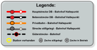 Legende: Hauptstrecke DB - Bahnhof Haltepunkt Nebenstrecke DB - Bahnhof Haltepunkt Privatbahn - Bahnhof Haltepunkt Zeche stillgelegt Zeche in Betrieb Strecke stillgelegt - Bahnhof Haltepunkt  Station vorhanden Güterstrecke - Bahnhof