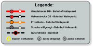 Legende: Hauptstrecke DB - Bahnhof Haltepunkt Nebenstrecke DB - Bahnhof Haltepunkt Privatbahn - Bahnhof Haltepunkt Zeche stillgelegt Zeche in Betrieb Strecke stillgelegt - Bahnhof Haltepunkt  Station vorhanden Güterstrecke - Bahnhof