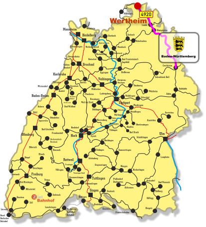 Freiburg Singen Vaihingen Tuttlingen Horb Ulm Bruchsal Heidelberg Rottweil Stuttgart Karlsruhe Offenburg Baden-Baden Mannheim Kehl Appenweiler Miltenberg Lauda Königshofen Osterburken Seckach Eberbach Moosbach Bad Friedrichshall- Jagstfeld Crailsheim Heilbronn Eppingen Meckesheim Hüffenhardt Aglasterhausen Neckargemünd Weinheim Germersheim Graben Neudorf Bretten Schwetzingen Schwäbisch Hall Backnang Waiblingen Rastatt Busenbach Bad Herrenalb Ittersbach Rathaus Mühlacker Pforzheim Bad Wildbad Ettlingen Steinsfurt Immendingen Wintersdorf Bietigheim- Bissingen Ludwigsburg Weil der Stadt Renningen Böblingen Filderstadt Detten- hausen Achern Bad Griesbach Ottenhöfen Freudenstadt Eutingen Herrenberg Hochdorf Tübingen Eyach Hechingen Balingen Schömberg Siegmaringen Villingen Trossingen Trossingen Stadt Hausach Biberach Oberharmsbach- Riersbach Denzlingen Elzach Breisach Bad Krozingen Münstertal Riegel Donaueschingen Titisee Seebruck Lörrach Kandern Basel Badischer Bahnhof Zell Neuhausen Badischer Bahnhof Bietingen Lauchringen Konstanz Radolfzell Stockach Welzheim Schondorf Amstetten Gerstetten Aalen Plochingen Wendlingen Oberlenningen Bad Urach Neuffen Metzingen Nürtingen Gammertingen Herbertingen Mengen Schelklingen Pfullendorf Stadtgarten Alshausen Aulendorf Bad Wurzach Roßberg Kißlegg Hergatz Friedrichshafen Laupheim Goldshöfe 4920 Wertheim Baden-Württemberg