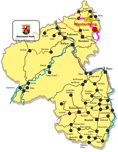 Kaiseresch Brohl Engeln Neustadt Koblenz Montabaur Mainz Kaiserslautern Andernach Remagen Ahrbrück Siershahn Au Altenkirchen Betzdorf Daaden Oberdreisbach Bingen Bingen-Stadt Bad Kreuznach Bad Münster Armsheim Alzey Kirchheim- bolanden Hochspeyer Kusel Lauterecken- Grumbach Landstuhl Konz Ingel Grenze Ehrang Traben-Trabach Püderich Gerolstein Landau Pirmasens Pirmasens Nord Hinterweidental Bundenthal- Rumbach Winden Bad Bergzabern Kapsweyer Grenze Worms Schifferstadt Monsheim Langmeil Freinsheim Grünstadt Ramsen Eiswoog Frankenthal Ludwigshafen Trier Germersheim Wörth 3730 Westerburg Rheinland Pfalz