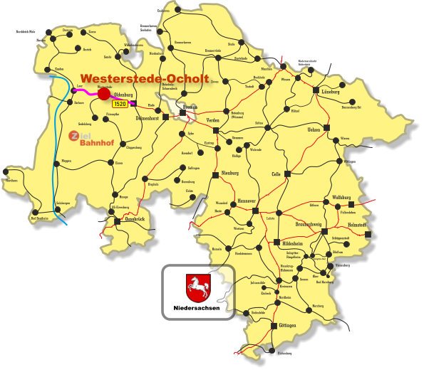 Börßum Neuekrug- Hahausen Oker Oldenburg Verden Hildesheim Wolfsburg Hannover Celle Uelzen Lüneburg Braunschweig Helmstedt Göttingen Nienburg Bremen Delmenhorst Osnabrück Eichenberg Bodenfelde Nordheim Kreiensen Einbeck Juliusmühle Seesen Herzberg Hameln Bad Harzburg Vienenburg Leer Westerstede- Ocholt Ihrhove Friesoythe Sedelsberg Emden Hude Hesepe Essen Cloppenburg OS-Eversburg Wilhelmshaven Nordenham Salzbergen Meppen Nordhorn Bad Bentheim Sande Esens Aurich Dornum Norddeich Mole Norden Bremerhaven Bremerhaven Seehafen Bremervörde Buxtehude Stade Maschen Hützel Winsen Niedermarschacht Achterdeich Cuxhaven Osterholz- Scharmbeck Buchholz Tostedt Zeven Rotenburg (Wümme) Uchte Sullingen Barenburg Diepholz Soltau Stemmen Eystrup Asendorf Syke Walsrode Hollige Haste Wunsdorf Lehrte Fallersleben Nordstemmen Weetzen Gifhorn Salzgitter- Ringelheim Salzgitter-Bad Schöppenstedt Wieren Wittingen Dannenberg Ost 1520 Niedersachsen Westerstede-Ocholt
