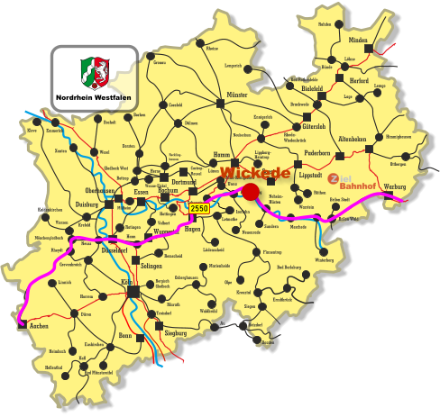 Unna-Königsborn Letmathe Iserlohn Castrop- Rauxel Unna Himmighausen Rheydt Remscheid Bergisch Gladbach Bocholt Borken Dorsten Wesel Xanten Mönchengladbach Kleve Viersen Emmerich Münster Warburg Altenbeken Paderborn Lippstadt Soest Siegburg Aachen Haan Ratingen Bonn Minden Herford Bielefeld Gütersloh Hamm Dortmund Duisburg Essen Mülheim Oberhausen Bochum Hagen Wuppertal Solingen Düsseldorf Köln Gronau Lünen Bottrop Gladbeck West Herne Reckling- hausen Kaldenkirchen Neuss Krefeld Grevenbroich Horrem Düren Kall Hellenthal Heimbach Linnich Euskirchen Bad Münstereifel Au Marienheide Lüdenscheid Fröndenberg Rüthen Warstein Lippborg- Heintrop Neubeckum Ennigerloh Neuenrade Sundern Neheim- Hüsten Finnentrop Olpe Schwerte Wanne-Eickel Meschede Winterberg Brilon Stadt Brilon Wald Siegen Kreuztal Waldbröhl Osberghausen Betzdorf Daaden Erndtbrück Troisdorf Bad Berleburg Ottbergen Dülmen Coesfeld Löhne Lage Lemgo Brackwede Rheda- Wiedenbrück Bad Rothenfelde Bünde Lengerich Rheine Rahden Hattingen Velbert Rösrath 2550 Nordrhein Westfalen Wickede