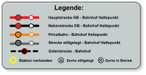 Legende: Hauptstrecke DB - Bahnhof Haltepunkt Nebenstrecke DB - Bahnhof Haltepunkt Privatbahn - Bahnhof Haltepunkt Zeche stillgelegt Zeche in Betrieb Strecke stillgelegt - Bahnhof Haltepunkt  Station vorhanden Güterstrecke - Bahnhof