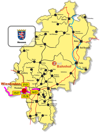 Baunatal- Guntershausen Bebra Kassel Wiesbaden Darmstadt Bad Hersfeld Fulda Hanau Limburg Frankfurt Wetzlar Gießen Haiger Cölbe Frankenberg Battenberg Eichenberg Volkmarsen Naumburg Bad Wildungen Wabern Gersfeld Schlüchtern Friedberg Niedernhausen Friedrichsdorf Brandoberndorf Nidda Beienheim Wölfersheim- Södel Gelnhausen Glauburg- Stockheim Nidderau Bad Vilbel Babenhausen Dieburg Dietzenbach Rödermark- Ober Roden Dreieich- Buchschlag Groß-Umstadt Wiebelsbach Fürth Bensheim Bürstadt Ffm-Höchst 3501 3507 3603 3528 Wiesbaden Hessen